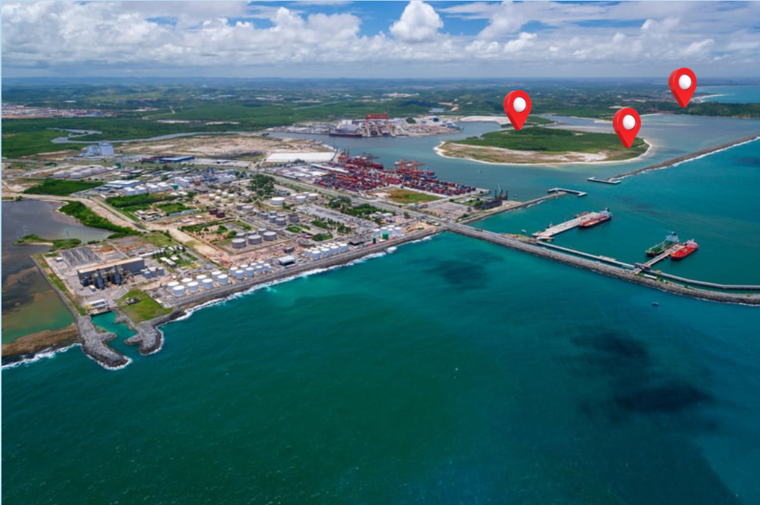 Mapa com três pontos de coleta de água analisada: Ponto A no Porto, Ponto B no Mangue e Ponto C na Praia.
